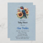ハミングバードとヒマワリの青い赤ちゃんシャワー 招待状 (正面/裏面)