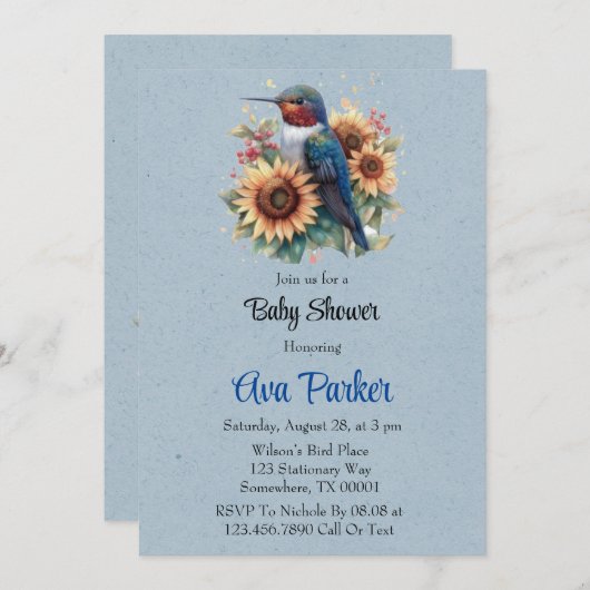 ハミングバードとヒマワリの青い赤ちゃんシャワー 招待状 (正面/裏面)