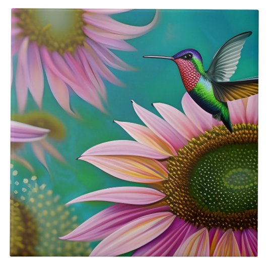 ハミングバードとピンクのヒマワリ タイル (正面)