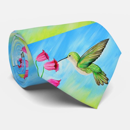 ハミングバードとピンクベル絵画の花 ネクタイ (ロール)