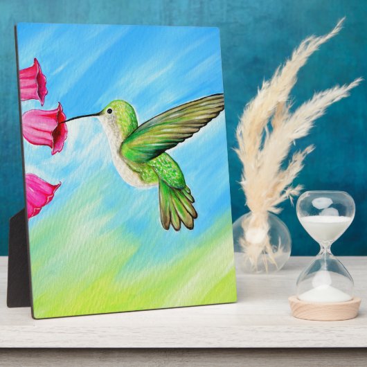 ハミングバードとピンクベル絵画の花 フォトプラーク (側面)