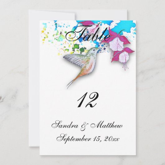 ハミングバードとフクシアの結婚式テーブルナンバーカード 招待状 (正面)