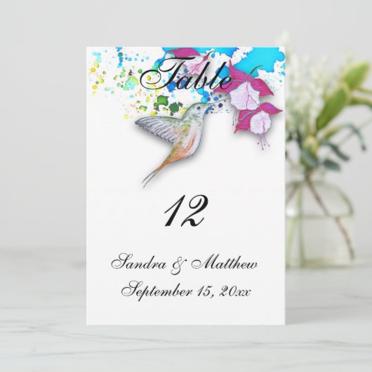 ハミングバードとフクシアの結婚式テーブルナンバーカード 招待状 (スタンド正面)