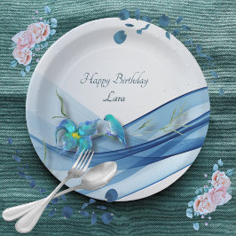 ハミングバードとブルーウェーブ誕生日プレート ペーパープレート