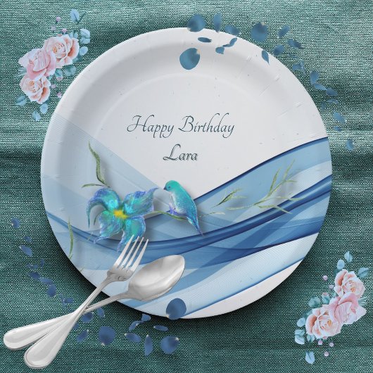 ハミングバードとブルーウェーブ誕生日プレート ペーパープレート