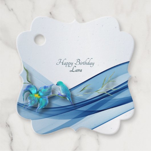 ハミングバードとブルーウェーブ誕生日メッセージカード フェイバータグ (正面)