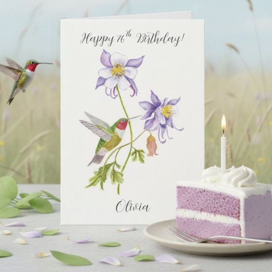 ハミングバードと共に76歳の誕生日おめでとう コロンバイン カード