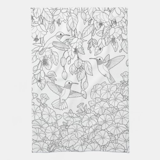 ハミングバードと花アダルトカラーリングページ キッチンタオル (縦)