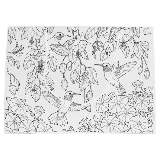 ハミングバードと花アダルトカラーリングページ ラージペーパーバッグ (正面)
