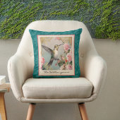 ハミングバードと花オンティール(緑がかった色)ダマスクモノグラム クッション