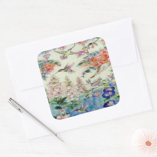 ハミングバードと花ステンドグラスWOW スクエアシール (封筒)