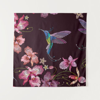 ハミングバードと蘭、熱帯シームレスファッション。 タペストリー