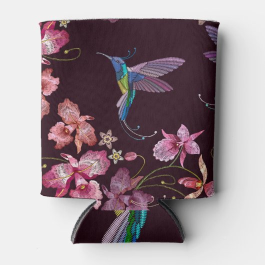 ハミングバードと蘭、熱帯シームレスファッション。 缶クーラー (正面)