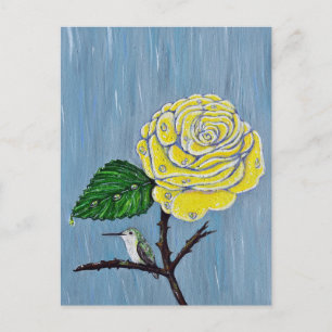 ハミングバードと雨の中のバラ絵画。 ポストカード