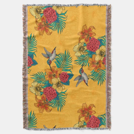 ハミングバードと黄色のトロピカルブーケ スローブランケット (正面縦)