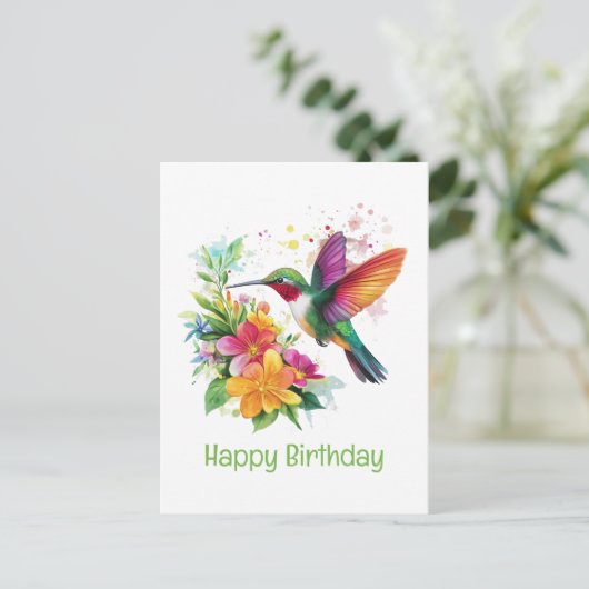 ハミングバードの誕生日 熱帯の花 ポストカード (スタンド正面)