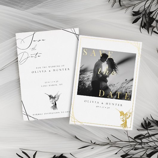 ハミングバードウェディングデートを保存する白黒 箔招待状
