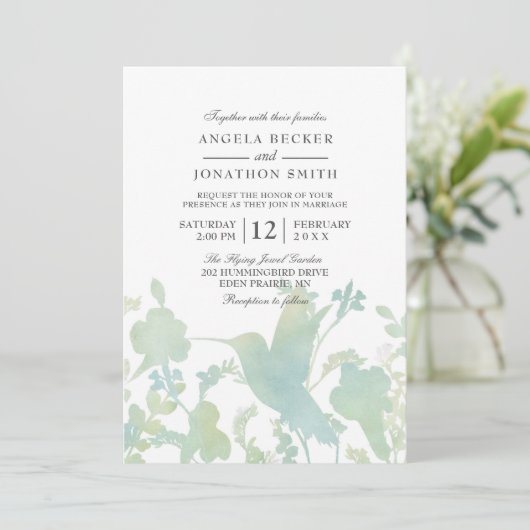 ハミングバードガーデンウォーターカラーエレガントな結婚式 招待状 (スタンド正面)