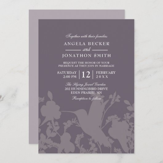 ハミングバードガーデンプラムエレガントウェディング招待状 招待状 (正面/裏面)