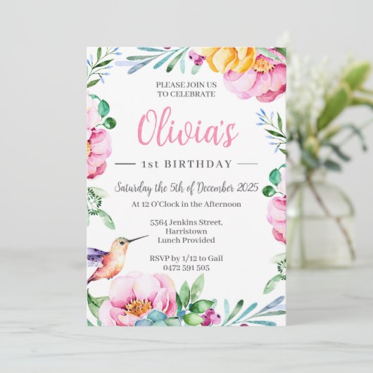 ハミングバードガールズバースデーパーティー招待状ピンク 招待状 (スタンド正面)