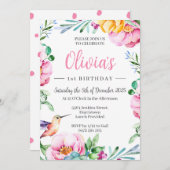 ハミングバードガールズバースデーパーティー招待状ピンク 招待状 (正面/裏面)