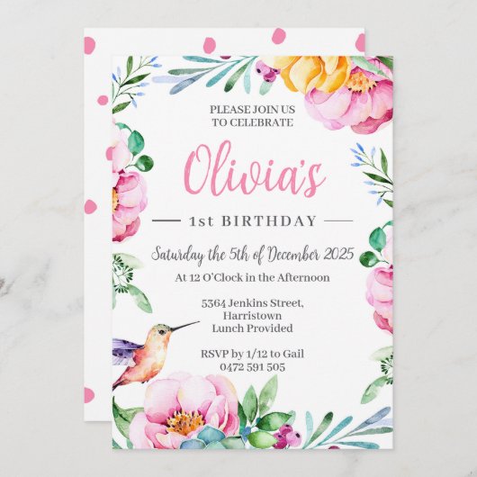 ハミングバードガールズバースデーパーティー招待状ピンク 招待状 (正面/裏面)