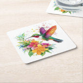 ハミングバードトロピカルフラワー スクエアペーパーコースター (アングル)