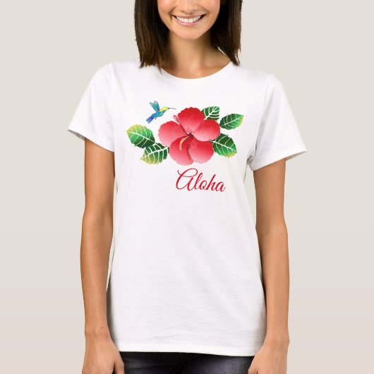 ハミングバードハイビスカスハワイアントロピカルフローラ Tシャツ (正面)