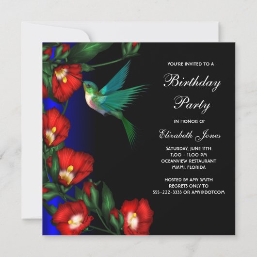 ハミングバードハイビスカスバースデーパーティーテンプレート 招待状 (裏面)