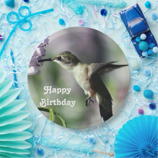 ハミングバードピンクフローラワイルドライフフォト誕生日 ペーパープレート (パーティー)