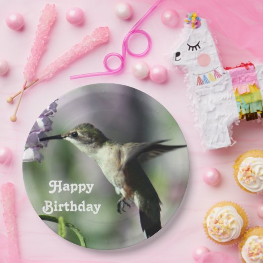 ハミングバードピンクフローラワイルドライフフォト誕生日 ペーパープレート (パーティー)