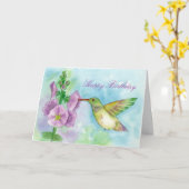 ハミングバードピンクホリホックフラワーズハッピーバースデー カード (黄色い花)