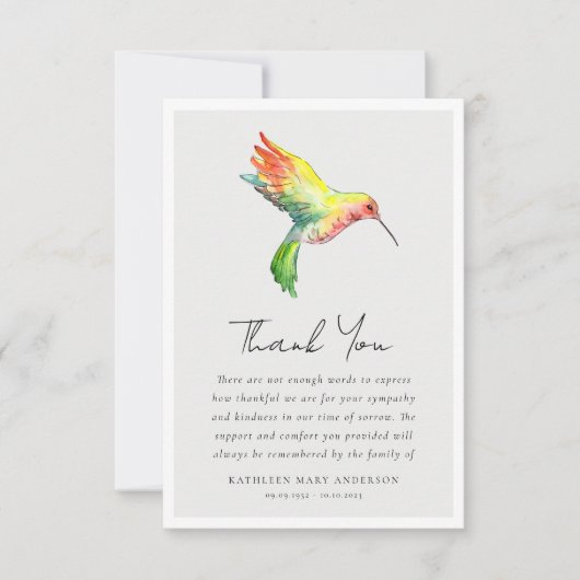 ハミングバードフォト悔やみや弔慰葬儀 サンキューカード (正面)