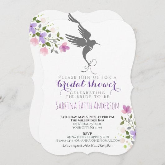 ハミングバードフローラエレガント薄紫ブライダルシャワー 招待状 (正面/裏面)