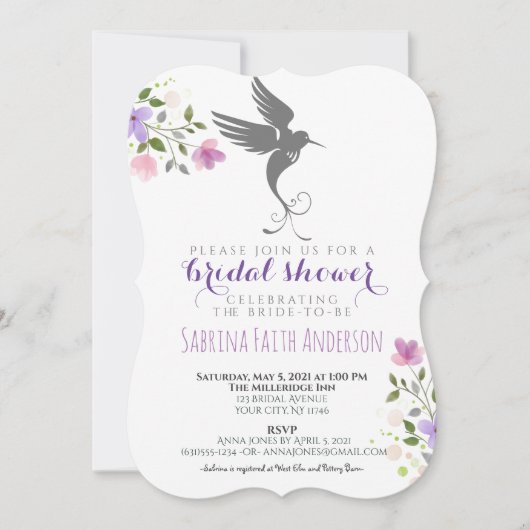 ハミングバードフローラエレガント薄紫ブライダルシャワー 招待状 (正面)