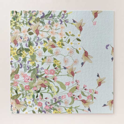 ハミングバードフローラガーデンヴィンテージイラストレーション ジグソーパズル (横)