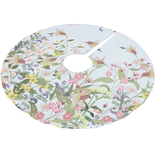 ハミングバードフローラガーデンヴィンテージイラストレーション ブラッシュドポリエステルツリースカート (アングル)