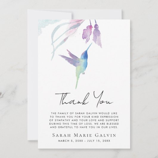 ハミングバードフローラ水彩葬儀メモリアル サンキューカード (正面)