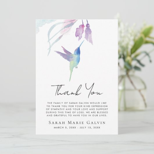 ハミングバードフローラ水彩葬儀メモリアル サンキューカード (スタンド正面)