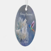 ハミングバードホワイトガーデンフラワークリスマスミー メタルオーナメント (正面右)