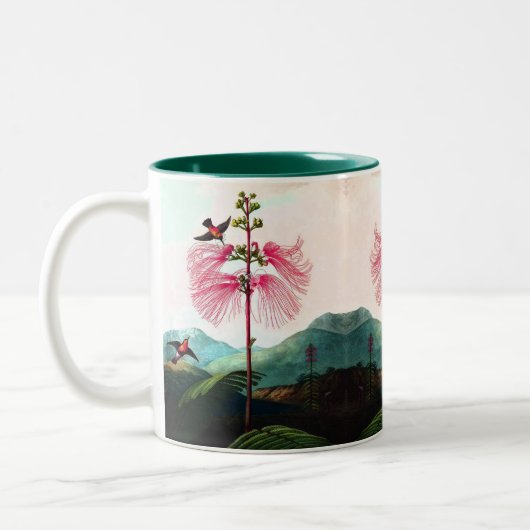 ハミングバードミモサの木の鳥のヴィンテージヘード ツートーンマグカップ (左)