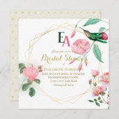 ハミングバードミントグリーンピンク金ゴールドブライダルシャワー 招待状 (正面/裏面)