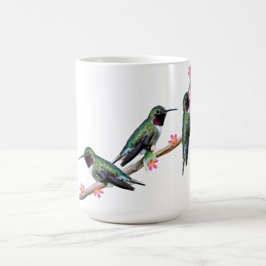 ハミングバード三羽が小花の枝に止まった コーヒーマグカップ (中央)