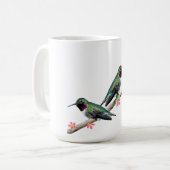 ハミングバード三羽が小花の枝に止まった コーヒーマグカップ (正面左)