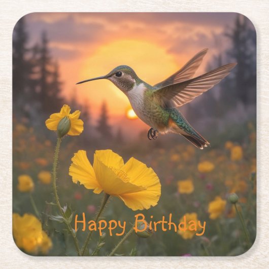 ハミングバード誕生日 スクエアペーパーコースター (正面)