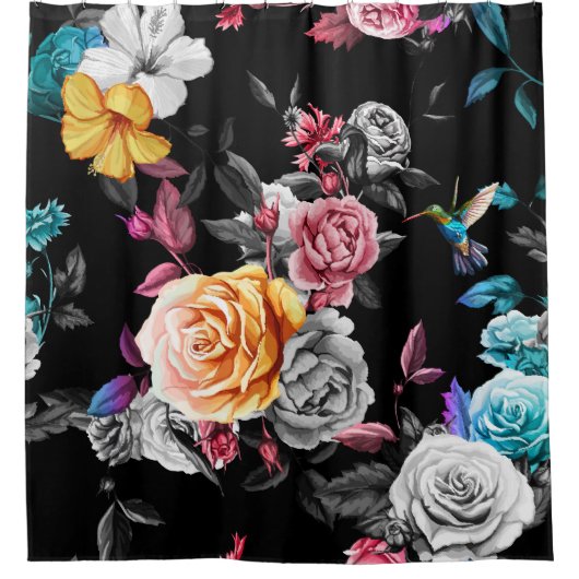 ハミングバード、バラ：水色の黒い背景 シャワーカーテン (正面)