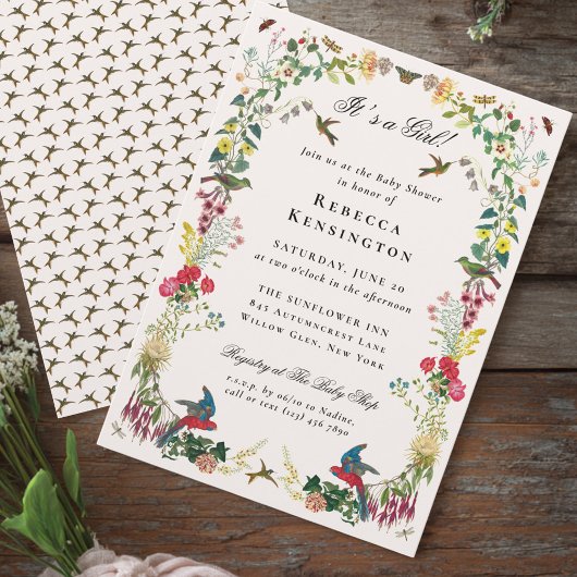 ハミングバード フローラル ヴィンテージ ベイビー シャワー 招待状