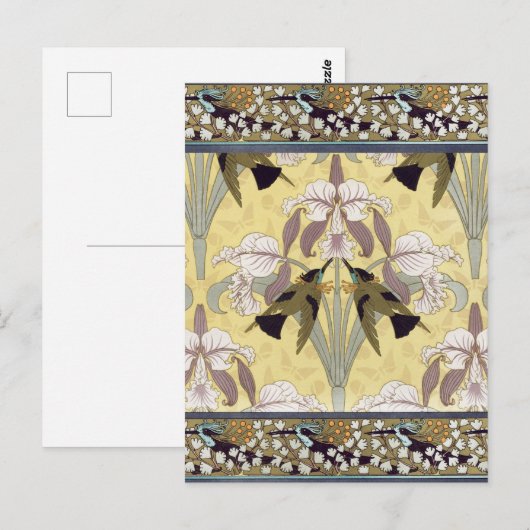 ハミングバード、ラン、メイデンヘアーシダアールヌーボー ポストカード (正面/裏面)