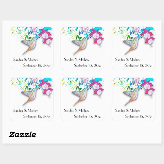 ハミングバード&明るい赤紫色パーソナライズされたス結婚ステッカー スクエアシール (シート)