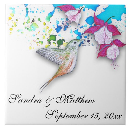 ハミングバード&明るい赤紫色結婚ズTrivet/Coaster タイル (正面)